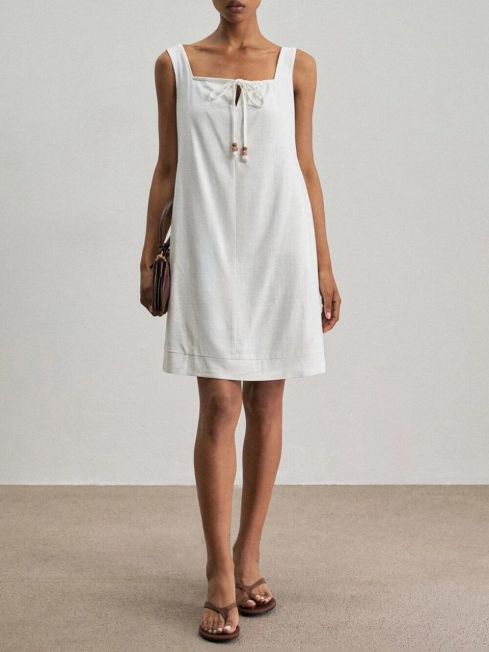 Ivory Woven Mini Dress with Beaded Tie Neckline and Square Neckline